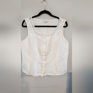 Super Cute J Jill Size Large White Tank Top W/Lace & Buttons Linen Blend